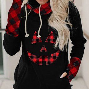 Plaid Halloween Print Patchwork Long Sleeve Hoodie